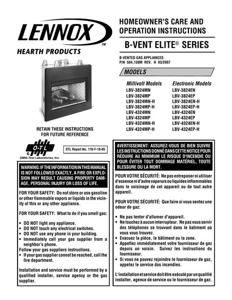 lennox direct vent gas fireplace manual